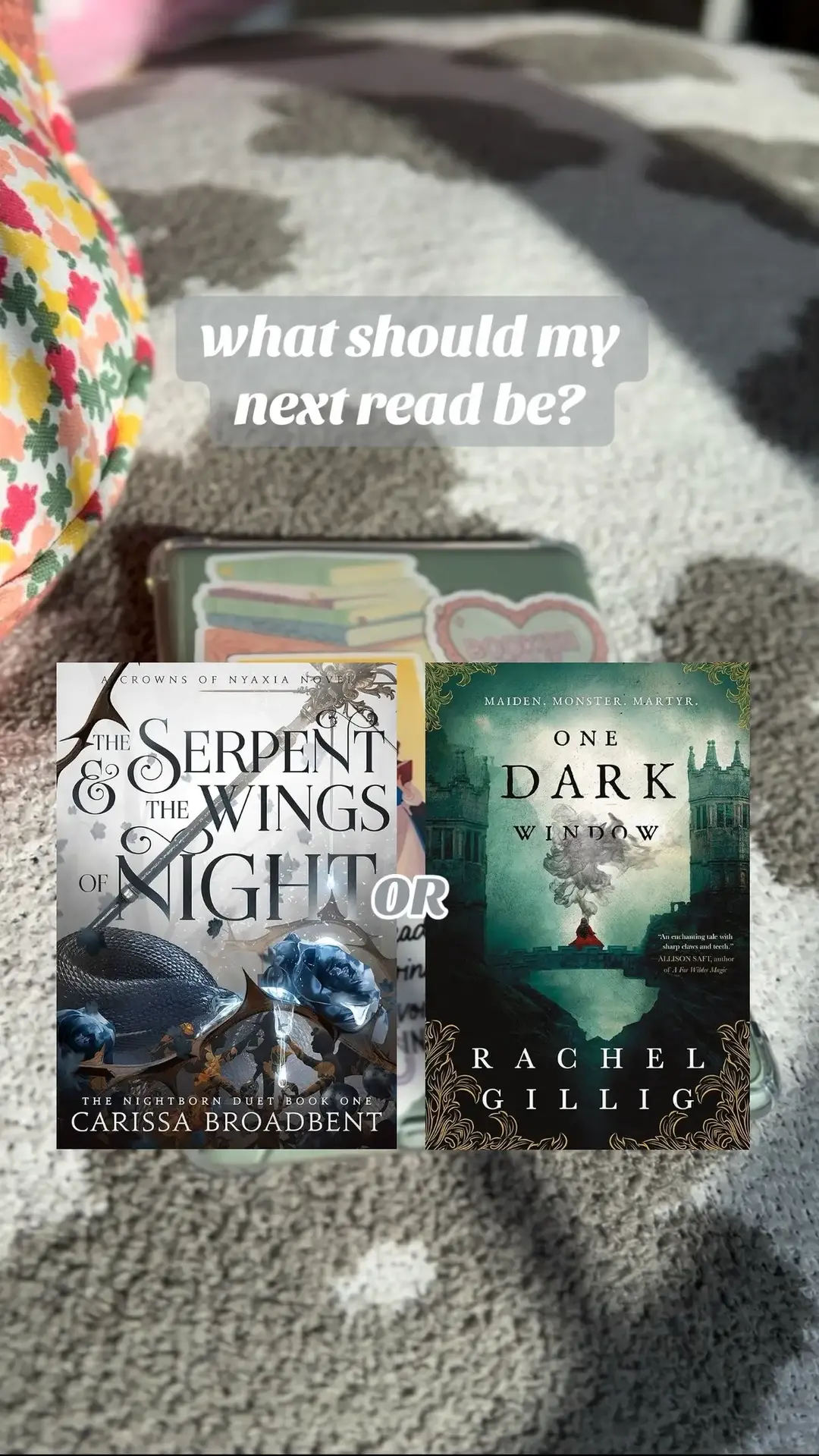 going in to work right now, help me pick what book I should start tonight! IM SO TORN I’ve been wanting to read both for so long AND they’re both on kindle unlimited #crownsofnyaxia #serpentandthewingsofnight #carissabroadbent #onedarkwindow #rachelgillig #shepherdkingduology #reading #romantasy #fantasy #kindle #kindlegirlie #kindleunlimited #bookrecs #bookrecommendations 