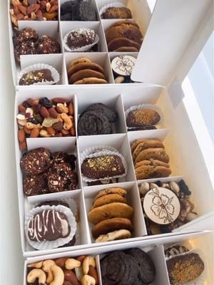 Variety Boxes #dessert#cookies#maamoul#tryffles#blackseed#dates#baking#minicookies#bakingszn#dessertchallenge#dessertbox#lotus#trailmix#mixednuts#woodenart#oats#breakfastbars#proteinbars#stuffedcookies#freshlybaked#homemade  