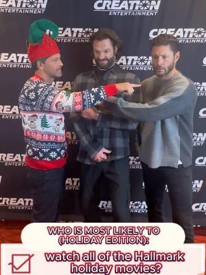 Most likely to (holiday edition) with Jensen Ackles, Jared Padalecki and Misha Collins. 😂 A joyous Holiday season to all from your friends at Creation Entertainment.  We love our guys: celebrating 20 years of making us glad we are part of the SPN Family. Come see them on tour in 2025. Get tickets here: bit.ly/CreationEnt #jaredpadalecki #jensenackles #mishacollins #spn #spnfamily #supernatural #deanwinchester #samwinchester #castiel #spncast #holiday 