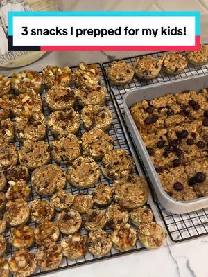 3 snacks I prepped this week for my kids! #snacksrecipe #snacks #kidssnacks #kidssnackideas #breakfastideas #prepahead #kidsbreakfast #momof6 #twinmom #momofmultiples #kidsbreakfast                            Yogurt bark - Spread yogurt evenly on sheet pan lined with parchment paper Top with whatever you like!  Freeze for 4 hours, break apart, enjoy!  Store in airtight container in freezer. Soft baked blueberry bars -  2 mashed bananas 2 eggs 1/2 cup PB  1/2 cup milk 1/2 cup maple syrup Splash of vanilla 1 tsp cinnamon  1/4 tsp salt 2 cups rolled oats 1 cup mix ins (blueberries)  Mix together and place in greased 9x9 pan Bake at 350 about 30 minutes Baked oat cups -  2 cups rolled oats 1 egg 1 1/2 cups milk 1/4 cup maple syrup Mix together and divide evenly in muffin pans  Top with whatever you like!  Bake at 350 for 25 minutes , 15 minutes for mini 