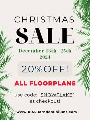 🎄12 Days of Christmas SALE‼️ ❄️Starting this FRIDAY DEC. 13th, use code “SNOWFLAKE” on our website 👉 1845barndominiums.com for 20% OFF ALL FLOORPLANS!❄️ ##barndominium##shophouse##dreamhome##barndominiumliving##farmhouse##customhome##floorplans##newhome#sale 