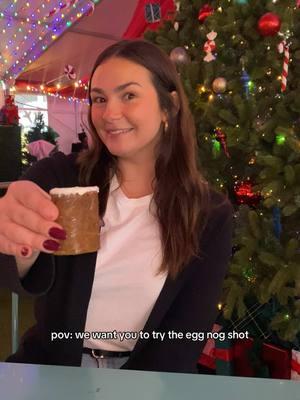 The Egg Nog Shot in an edible gingerbread shot glass - c’mon just try it!! 🍪🥛  #gingerbread #shot #shotglass #eggnog #winterwonderland #chritsmas #holiday #popup #tistheseason #holidaydessert 