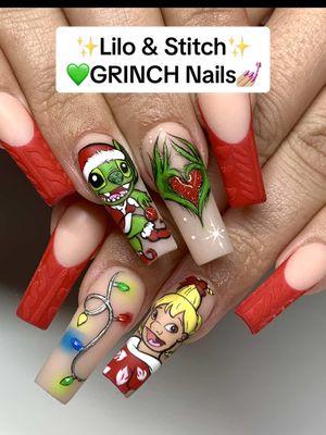 Lilo & Stitch GRINCH Nails are goin down in history😍😱@Whitney Wren                                       ✨I cannnnnoooot get over these iconic holiday nails and this cute Disney mashup using all NAILZBYDEV gels and brushes to paint 🎨 Used:: •9 mm dream liner brush •”hello sidney” red gel polish •blooming gel •various liner gels •new lost in winter wonderland collection •matte top coat 🎄 #christmasnails #holidaynails #xmasnails #grinchnails #stitchnails #nailzbydev #stitch #liloandstitchnails #sweaternails #nailart #nailsart #nailinspo #nailtok #acrylicnails 🎄