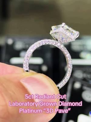 3D Pave Design with 5ct Radiant cut labgrown diamond ring in Platinum. #labgrowndiamond #labdiamonds #diamondring 