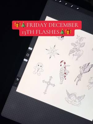 DENVER! message me to get booked in for this friday the 13th (christmas edition) flash tattoos!🎄🎁 #friday13th #flashtattoos #christmas #denvertattooartist 