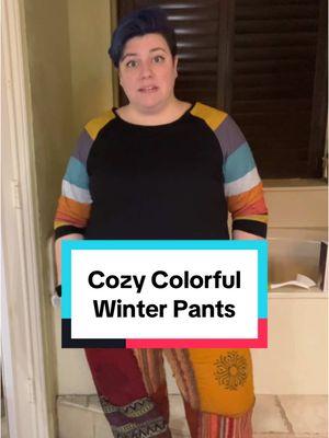 These are less stretchy than the summer version, but they are very cozy and comfortable. #cozypants #comfortablepants #TikTokShop #joggers #patchworkpants #witchtok #witchypants #bohostyle #autisticreview #actuallyautistic #karmanepalcrafts #patchworkjoggers #winterpants #plussize 