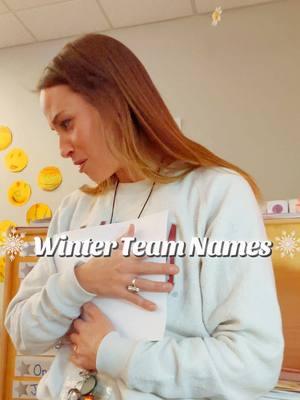 Students have loved these winter team names as we get closer to winter break! #akindermom #kindermom #MomsofTikTok #kindergartenlife #teachermomsoftiktok #teachingbelike #teachingkindergarten #fyp #teachertok #teachingkids #engagedlearning #winter #winterbreak #teamnames #teams #teamwork #winterfun #classroomfun 