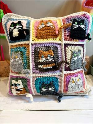 Another kitty pillow cover available now. Pattern by Pony McTate. #cats #manycats #catlover #kittys #catsoftiktok #crochet #pillows 