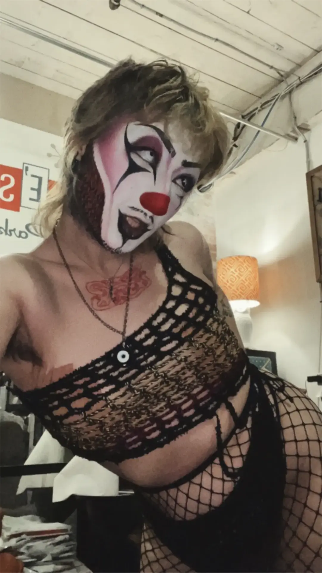 crochetted the top & thong in two days hehe 😅 #drag #dragthing #clowndrag #dragking #altdrag #dragclown #clown #clowncore #clownmakeup #dragperformer 