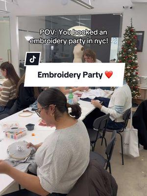 Learn hand embroidery with your friends in nyc in this 2 hour workshop! #nyc #thingstodoinnyc #nyctiktok #nyclife #classes #embroidery #handembroidery #sewing #sewingtiktok #garmentdistrict #partyideas 