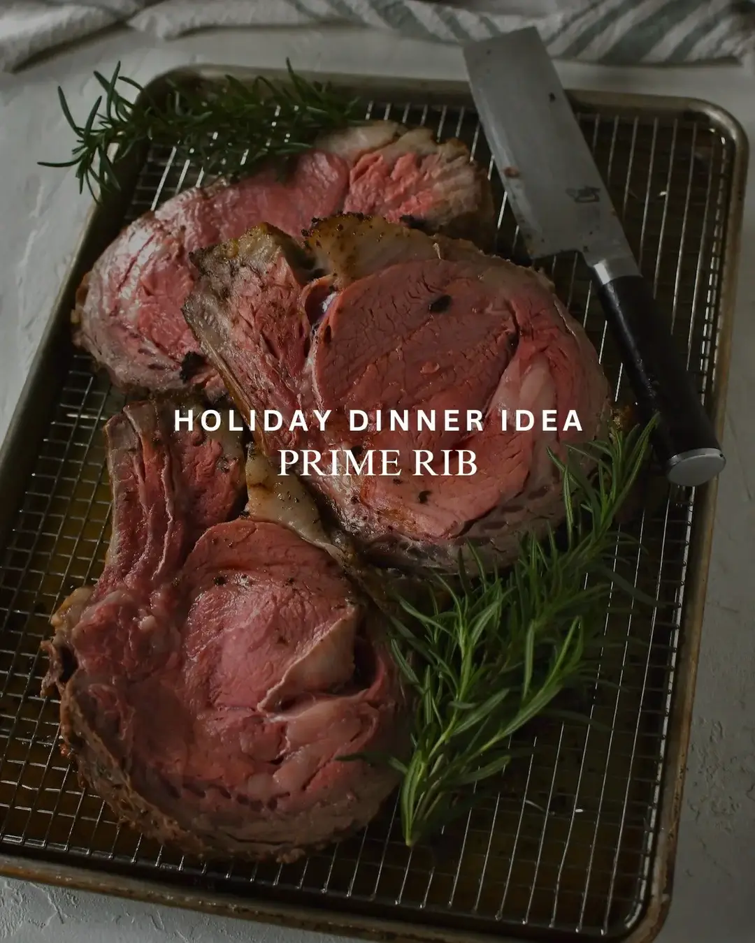 A delicious and easy Prime rib recipe that is perfect for a holiday get together. Slathered in herbed butter, this rib roast is always a crowd pleaser.  INGREDIENTS 5 lb bone in rib roast ½ cup butter softened 1 tbsp peppercorns roughly chopped 1 tbsp fresh thyme chopped 1 tbsp fresh rosemary chopped 2-3 tbsp course sea salt 2 tbsp minced garlic INSTRUCTIONS   2-4 hours before cooking remove rib roast from fridge to come up to temperature. Preheat oven to 500 degrees F. In a small bowl combine softened butter, chopped peppercorns, chopped thyme, chopped rosemary, sea salt, and minced garlic. Mix to combine. Evenly spread butter mixture over top of roast (fatty side up). Place onto a roasting rack and cook in preheated oven for 20 minutes. (If your roast is a different size, multiply the weight of the roast by 5 minutes) This gives a perfect medium rare roast. When the time is up turn off the oven and leave the roast in the oven with the door closed for 2 hours. DO NOT OPEN THE DOOR during this time. After 2 hours you should see that the internal temperature is now 130F for a perfect medium rare. However, due to the nature of roasts, the outer edges will be a little more cooked for those in the group that prefer a more medium cooked roast. Remove the roast from the oven, cover with foil, and allow to rest for 30 minutes before slicing. #beef #beefitswhatsfordinner #primerib #primeribroast #christmasdinner 