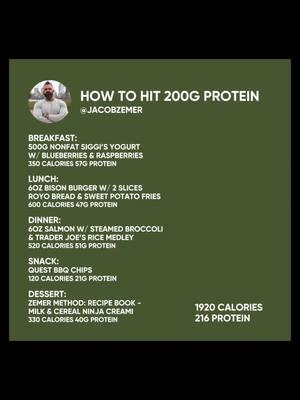 HOW TO HIT 200G OF PROTEIN A DAY: Breakfast: 500g nonfat @SiggisDairy yogurt with blueberries and raspberries – 350 calories 57g protein Lunch: 6oz bison burger with two slices of @EatRoyo bread and sweet potato fries – 600 calories 47g protein Dinner: 6oz salmon with steamed broccoli and @TraderJoes rice medley – 520 calories 51g protein Snack: @QuestNutrition BBQ chips – 120 calories 21g protein Dessert: Zemer Method: Recipe Book Milk & Cereal @NinjaKitchen Creami – 330 calories 40g protein Disclaimer: protein needs vary from individual to individual depending on size, body composition, and level of activity. #proteinpower #highprotein #proteinpacked #proteingoals #wieiad #whatieatinaday #trackingmacros #macrocounting #macros #caloriedeficit #caloriecounting #caloriesincaloriesout #weightloss #weightlosstips #dietingtips #performancecoach #personaltrainer #nyctrainer #nycfitnesstrainer #nycfitfam 