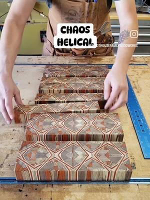 Remember this? tutorials available on our website, link in bio! #TheHelicalFeldthouseWeave #endgrain #pattern #woodwork #woodtok #handmade #original #design #style #geometric #chaos #workshop #cuttingboard #unique #feldthouse #feldthousefamilywoodworks 