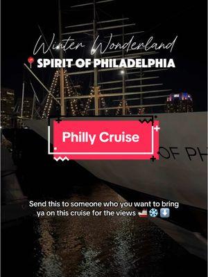 [ SAVE ] winter wonderland mode is activated on the Spirit of Philadelphia @City Cruises / @City Experiences ❄️ ⛄️  Want to see these gorgeous views of the city?! 🏙️ This is the way to do it!  They have brunch, lunch, dinner, and even holiday cruises! I even saw a BINGO cruise on their site! 😱  Upcoming holiday cruises include:  🥂 Brunch with Santa - Dec 21st  🥂 Christmas Eve 🥂 Christmas Day 🥂 New Year’s Eve 🥂 New Year’s Day 🎟️ Prices start at $48 pp! Check out cityexperiences.com for full details  🪩 Enjoy buffet style food, music + dancing, city views on the deck, drinks + more  Let me know if you go! And follow @travelingwithcva for more fun things to do in Philly, Jersey and beyond ✈️  #citycruises #philadelphia #philadelphiathingstodo #hiddengems #cityviews #phillyevents #phillythingstodo #winterwonderland #winterinphilly #thingstodophilly #spiritofphiladelphia #phillyprgirl #phillysupportphilly #datenightideas #datenightphilly #dinnercruise #holidayevents #winteractivities #phillyeats #phillyfood #phillyblogger