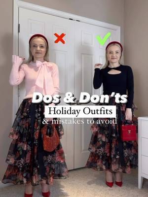 ‼️Dos & Don’ts with holiday outfits & mistakes to avoid‼️ Outfits linked in bio/ltk/or ask for a link here. 💡The main idea is to look festive but classy without"overdoing" it ✔️Pick a statement piece: create a look around it; less is more; avoid too many statement elements 🧷Choose monochrome looks wisely: stay away from too many various patterns as in holiday pieces they may look overpowering; keep in mind the “shape” of both a top & a bottom ❗️Pick non traditional pieces/textures/styles: Add burgundy, brown & gold, dark blue & silver; Mix leopard & red; Add leather, velvet, silk Lace tops under dresses ✅Pay attention to accessories: wear lighter boots & bags if the fabrics are lighter in the outfit ✔️”Season” out the top & bottom: you want to have a consistent flow in the outfit 🧷Actually dress up! If not this season, then when: just switching out one piece to a more festive one, will make a tremendous difference  #dosanddonts #holidayoutfits #FashionAdvice #fashion101 #christmasoutfit#fashiontipsforwomen  #stylingadvice #partyoutfit #fashionrules #njblogger #petitestyle #fashionguide #fashionhelp 