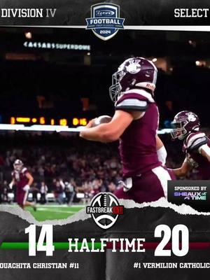 Top seeded Vermilion Catholic leads OCS 20-14 at halftime of the Division IV Select State Championship 👀 This halftime update is brought to you by Sheaux Time Branding & Apparel 🔥 #louisiana #highschool #football #highschoolfootball #playoffs #hypevideo #statechampionship #lhsaa #championship #highlight 