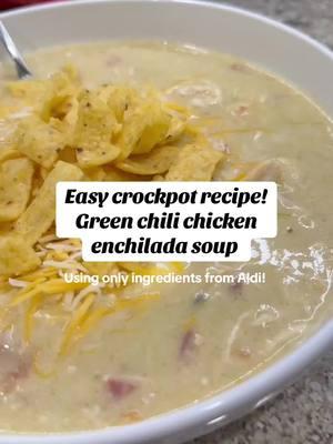 Cozy Up with Green Chili Chicken Enchilada Soup! 🥣✨ Made entirely with Aldi finds, this creamy, flavorful soup is the perfect comfort food for chilly days! Ingredients: 	•	2 lbs Kirkwood Chicken Breasts 	•	Stonemill Garlic Powder, Onion Powder, Salt & Pepper (to taste) 	•	1 carton Chef’s Cupboard Chicken Broth 	•	1 (28 oz) can Pueblo Lindo Green Chili Enchilada Sauce 	•	1 can Happy Harvest Diced Tomatoes with Green Chiles (like Rotel) 	•	1 cup Friendly Farms Half-and-Half 	•	4 oz Happy Farms Softened Cream Cheese 	•	2 cups Happy Farms Shredded Mexican Cheese 	•	4 oz Casa Mamita Salsa Verde Instructions: 1️⃣ Season the chicken breasts with garlic powder, onion powder, salt, and pepper. 2️⃣ In a crockpot, add the chicken, chicken broth, green chili enchilada sauce, and Rotel. Stir to combine. 3️⃣ Cover and cook on HIGH for 4–6 hours until the chicken is cooked through. 4️⃣ Remove the chicken, shred it, and return it to the crockpot. Set the crockpot to WARM. 5️⃣ Add 1 cup of half-and-half, 2 cups of shredded Mexican cheese, 4 oz salsa verde, and 4 oz softened cream cheese. Stir to combine, then cover and cook until the soup is warmed through and the cheese is fully melted. 6️⃣ Serve in bowls topped with extra shredded cheese and Aldi’s version of Fritos for a perfect crunch! This slow-cooked soup is a game-changer. Who’s trying it out this week? 🙌 #GreenChiliSoup #AldiMeals #ComfortFood #crockpotmeals #CrockpotRecipes #soupseason @ALDI USA 