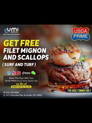 🎉 Indulge in Surf & Turf at UMI Hotpot Sushi & Seafood Buffet! 🦞🥩 🌟 Get FREE Filet Mignon and Scallops with your adult dinner! Plus, enjoy 5% off when you share this flyer on your social media (FB, IG, TikTok, WeChat, Red). 📅 Offer ends 01/01/25—don’t miss out! 📍 Location: 1471 Rockville Pike, Rockville, MD 20852 📞 Contact: 240-430-8000 Treat yourself to the ultimate dining experience with fresh seafood, sizzling hotpot, and so much more. 🍣🔥 #UMIHotpot #RockvilleEats #SurfAndTurf #SeafoodLovers #FoodieParadise #DiningExperience