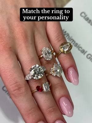 No matter what, we’re going to create a ring to suit your personality, style and vibe.  Rings in order of appearance: 💍 Oval Diamond “Whisper” solitaire set in yellow gold 💍 “Emma Deco” with marquise center  💍 “Toi et Moi” with pear shaped ruby and emerald cut diamond  💍 “Sadie” pear twist  💍 3 stone with 4.5 carat round center and teardrop side diamonds #weddingdaydiamonds #whichoneareyou #personalitytypes #engagementring #ovalsolitaire #peardiamond #rounddiamond #toietmoi #3stonering #threestonering #natureinspiredring