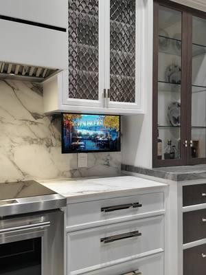 Would you put a TV in your kitchen? #interiordesign #craftsmanship #customcabinets #cabinetry #kitchencabinets #kitchendesign #homedesign #interiors #boston #kitcheninspo #hiddenstorage #hiddenspaces 