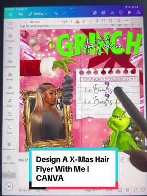 Design A X-Mas Hair Flyer With Me @Canva  . . . Comment ‘Pocket Edit’ to learn how to slay your designs 📲 . . . #canvatok #canva #canvadesigns #canvatutorial #flyer #businessflyer #hairflyer #designwithme #graphicdesign #graphicdesigntok #christmasflyer #grinchmas #grinchtok 