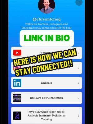 Perhaps it happens, perhaps it doesn’t. I hope they decide to let TikTok stay, but it isn’t a sure thing. THANK YOU for everything. Each and every one of you who followed, shared, commented and liked and effectively got me to where I am. I won’t let you down. I will keep going, and we will make this industry better.  If this does go away, please find me where mentioned in the post. I hope to see you there!  #chrismfcraig #weowebetter #serviceadvisor #dealershiplife #technician 