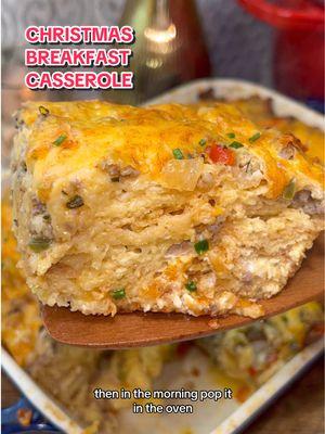 Christmas Croissant Breakfast Casserole 🎄 A perfect way to feed friends and family this holiday season!  Here’s how to make it: 6 large (or 8 small) croissants, torn into chunks 1/2 yellow onion, diced 1/2 red bell pepper, diced 1/2 green bell pepper, diced 1 jalapeño, finely diced (optional) Salt and pepper, to taste 1 tsp red pepper flakes, to taste 1 tsp fresh rosemary, chopped 1 tsp fresh thyme, chopped 1 lb sage sausage 4-6 cloves garlic, minced (to taste) 2 cloves garlic, grated (to taste) 8 large eggs 2 cups whole milk 1 tbsp dijon mustard  1 tsp smoked paprika Pinch of nutmeg, optional 2 cups (8oz) shredded cheese (cheddar, gruyere, or a mix) Chives and hot sauce to top  1. Preheat oven to 350°F and grease a 9x13-inch baking dish. 2. Heat a drizzle of oil in a skillet over medium heat. Sauté onion, bell peppers, and jalapeño with salt, pepper, and red pepper flakes for 4-5 minutes. 3. Add rosemary and thyme, cook for 1 minute. 4. Push veggies aside, cook sausage until browned, then combine with veggies. 5. Add minced garlic and cook for 30 seconds. Remove from the heat. 6. Whisk eggs, milk, salt, pepper, mustard, grated garlic, smoked paprika, and nutmeg in a large bowl. Set aside.  7. Place torn croissants in the greased dish, and top with the sausage-veggie mixture. 8. Sprinkle 1 cup of cheese over top.  9. SLOWLY pour the egg mixture evenly over the top, pressing gently to help croissants soak. 10. Sprinkle remaining cup of cheese and smoked paprika over top (optional). 11. Cover with foil and let it sit for at least 30 minutes. For best results, refrigerate overnight (8-12 hours) if preparing ahead. If made the night before, let the dish sit at room temperature for 20-30 minutes before baking. 12. Bake covered for 30 minutes, then uncover and bake for an additional 20-30 minutes until golden and set. 13. Let cool for 5-10 minutes, garnish with chives and hot sauce before serving. Enjoy! #breakfastcasserole #christmasbreakfast #christmascasserole  #christmasbreakfastcasserole #breakfast #breakfastideas #easybreakfast #EasyRecipes #holidaycooking #holidayrecipes #christmasrecipe #FoodTok #croissant 