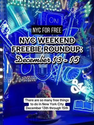 NYC WEEKEND FREEBIE ROUNDUP DEC 13-15 MULTI MHTN 🎀  @barbie StreamHouse x @verizon (214 Lafayette St)  🍻 @guinnessUS The Most Wonderful Pop-Up of theYear by w/ @Levainbakery 2-7:30p Fri-Sat (50 Church St) 🇩🇴 @godomrep Change the Season Pop Up Dome 9a-9p (Times Square)  ☕️ @DisneyonBroadway coffee & croissant truck Fri-Sat (Rockefeller Plz) ☕️ Café @Aveeno w/ @Amazon 9a-3p Fri-Sun (262 Mott St) ☕️ @mulberryengland Coffee Cart Sat 11:30-4:30 Sun 12-3:30 (100 Wooster) 🍫  @David Yurman free @glacenewyork hot chocolate 11-7 Fri-Sat (5 E 57th St) 🎁 @Porcelanosa Pop-Up (Fri-Sun) 👚 @nakdfashion SoHo Pop-Up (Fri-Sun) ⌚️ @JaegerLeCoultre The Reverso Stories Pop-Up (Hudson Yards) ☕️ @thetravelagency.co High Tidings Holiday Pop-Up Fri-Sat 🥃 @MakersMark Winter Wheat Wonderland Fri-Sun 12-6p (31 East 17th Street) ☕️ @tachepistachiomilk Birthday Month Free Lattes: free lattes at @devocionusa Fri-Sat wsl 👟 @groov.official free coffee & snacks aNordstrom Fri-Sat 🌟Holiday displays: Columbus Circle, Train Show, MoonGARDEN, Fifth Ave, Hudson Yards, STARSCAPE BK 🎅 @citypointbklyn Santa Studio Sat-Sun 🌮 @kingdavidtacos x @tillamook free tacos Sat-Sun (611 Bergen St) 🍴 @eater_ny Under Wraps Holiday Market Fri-Sat 12-8:30p (97 North 10th St) MULTI 🍔 @mcdonalds McRib Caroloke Bus  Fri-Sat, multi-Borough (see site post for schedule) FRI MHTN 🎵 @Z100newyork All Access Lounge 11a-5p (311 W 34th St) 🥤 @MinuteMaid x @BangBangnyc flash tats 2-6p (62 Grand St0 🍓 @BoraBora_us MacDougal Grand Opening free drinks 1-6p (95 MacDougal St) 🎄 Washington Sq Park Tree Lighting 5p 🧊 @bumble Break the Ice 10a-8p (High Line 14th St) 🖼️ @whitneymuseum free Friday night SAT MHTN 🍸 @RedOneMov Krampus Pop-Up Bar 2-8p (102 Norfolk St) 🧴 @butterbekind pop-up 2-6p (419 Broome St) 🕶️ @warbyparker Holiday Shopping Event 10a-3p (121 Greene St) 📕 @TheLaundromatEffect Book Party w/ clothing swap 6-9p (618 E 9th St) 🛏️ @cozey Blooms & Bites 11-6 (210 Lafayette) BK 🎤 @vitaminwater x @unitedmasters City Flavors concert 7-10p (99 Scott) 💇🏽‍♀️ @evahairnyc in Domino Park SUN MHTN 🚊 @NYTransitMuseum Holiday Nostalgia Rides 🎷 TUBACHRISTMAS Rockefeller Center #nycforfree #nycholidays #nycweekend #nyctodo #manhattan #newyorknewyork 