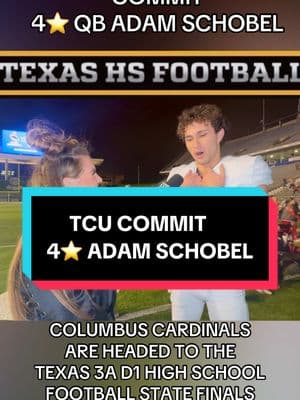 4⭐️ @TCU Football commit Adam Schobel post game interview after his team the Columbus Cardinals huge 49-6 victory to send them to state for the first time in school history!  #footballtiktok #footballgame #footballteam #txhsfb #hsfootball #txhsfootball #footballplayer  #hsplayoffs #txhsfbplayoffs #uilstate #footballseason #footballgameday #hsfootball #footballstadium #fy #fyp #tcu #tcufootball @SportsCenter NEXT #postgameinterview #postgame @ESPN 