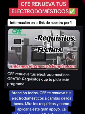 CFE renueva tus electrodomésticos, ¿como acceder a este beneficio?. Mira la información desde AQUÍ 👇 https://vozdelempleo.com Comparte! #amlo #apoyos #bienestar #claudiasheimbaum #becas