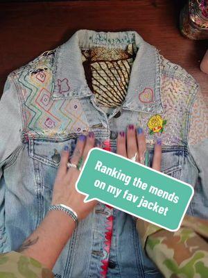 Ranking all the mends on ky favorite denim jacket. #visiblemending #mendyok #sashikodenim #sashiko #TikTokShop #holidayhaul #CapCut #ConSantanderConecto 