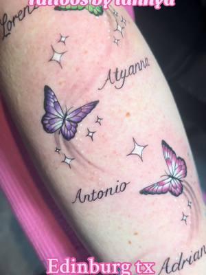 Cute butterflies tattoo w her kids names 🙌 msg me to book your appointment located in Edinburg tx deposit required 💵 #tattoosartist #tattok #tattooartistsoftiktok #tattoogirl #tatted #tattoolover #tattooideas #tattooartist #butterflytattoo🦋 #butterflytattoos🦋 #butterflytattoo #colortattoochallenge #colortattooartist #colortattoolover #colortattoo #tattoosforwomen #butterflytattoo #butterfly #colortattoo #birthstonetattoo #mothertattoo #artistsoftiktok #girlytattoo #artwork  #tattoosforwomen #culturatiktok #fuckawannabe #girltattooartist   #art  #local #localartist #femaleartist #tattooapprentice