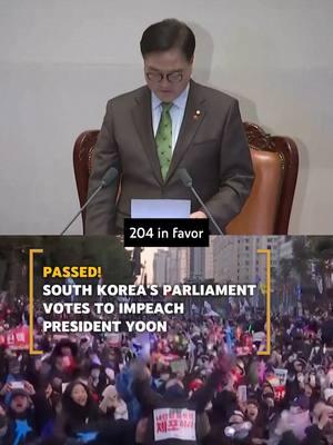 On December 14, South Korea's parliament voted to impeach President Yoon Suk Yeol over martial law debacle. The impeachment motion passed with 204 votes in favor, 85 against, three abstentions, and eight invalid ballots. Footage: South Koreans rejoice after President Yoon impeached in parliamentary vote. #news #southkorea #yoonsukyeol #impeachment ##chinatrend #fyp