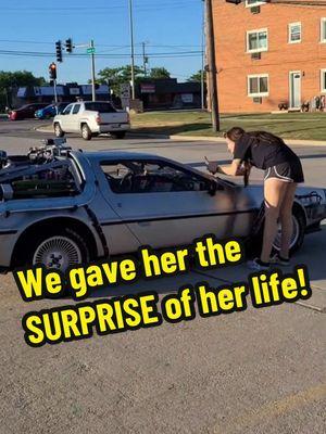 We gave her the surprise of her life!! Making dreams come true, 1 person at a time! #backtothefuture #bttf #bttfcar #deloreantimemachine #deloreanrental #80s #backtothe80s #martymcfly #docbrown #surprise #surprised #fluxcapacitor #greatscott #carsoftiktok #carspotting 