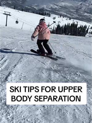 Tips for practicing upper body separation 🎿 Upper body separation is super necessary for getting your skis to behave optimally on the snow and is key for leveling up your skiing. Separation basicallly refers to the concept that your upper and lower body are doing different things throughout the turn.  You want your upper body to stay facing down the hill and staying super steady and solid while your lower body does all of the turning. Here are some of the things I do to practice:  1. Think about keeping my zipper facing down the fall line or directly down the run. It doesn’t twist to face the sides of the run / the trees  2. Use a strong pole plant to center my upper body at the start of each new turn  3. Try drills like the ones in this video to break down different technical aspects and practice  #skiing #ski #skitips #skitutorial #howtoski 