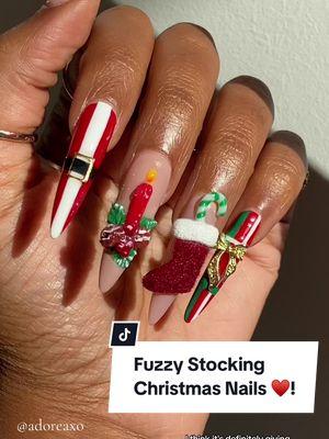 I really wanted a fuzzy stocking on my nail b4 the season is over lol Products from @Daily Charme use my unlimited code: 'ADOREA' to save ! Here's what I used: • Daily Charme XL Stiletto Gel Tips • Daily Charme No Wipe Top Coat  • Charme Gel 002 Perfect White   • Charme Gel 001 Perfect Black • No Wipe Jewelry Gel adoreaxo.com for press ons handmade by me! Use code: ‘TOK’ to save! :) @Mia Secret code: ‘ADOREAXO’ Shop links in bio! Daily Charme products can be found on their website using the search feature (site link in my bio!), unlimited discount code ‘ADOREA’ ✨ ** if there’s a greater discount code active you can always use my referral link in my bio along with the higher code to support 🙏🏾 #stockingnails #christmasnails #candlenails #mistletoenails #plaidnails #holidaynails #pineconenails #christmasnails2024 #3dnailart #peppermintnails #ornamentnails #holidaynailart 