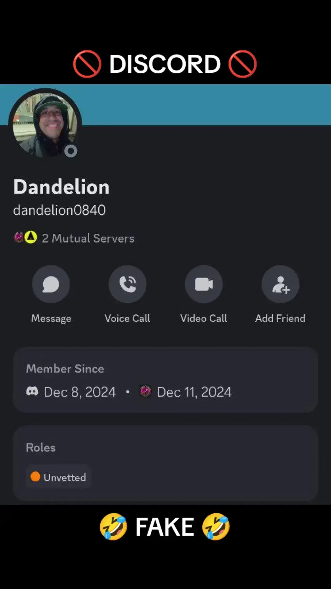 SOMEBODY MADE A FAKE PROFILE OF ME ON @discord 🤣 Maybe I should be flattered? I don't even use it (although might make one because there's a group of fellow vagabonds who invited me on) and also be aware of any social media accounts pretending to be me. Y'all know how I interact and talk so hopefully won't be fooled. Also I'm never gonna name myself something like Dandelion lol. Have to admit though got a good laugh out of me. #discord #fakeprofile 