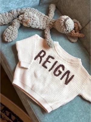 Boys Name Sweater 🤎🪡 Visit my Etsy shop (linked on my page) for my DIY Name Sweater Kit + Tutorial! This simple block font is perfect for boys or girls and I think it looks adorable on sweaters.🥹 What do you think? Cursive or straight block fonts for boys? #babysweater #embroidery #handembroidery #embroideredclothing #embroiderykit #handembroideryclothing #babyboy #toddlerfashion #babyboyclothes #babyboystyle #boymom