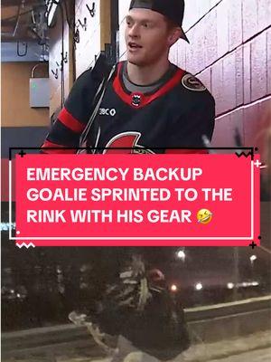 Imagine going to the @Ottawa Senators game and seeing an emergency backup goalie sprinting to the rink with his gear 🤣 (via muggers_hockey/X, everydaysens/X) #hockey #hockeytok #NHL 