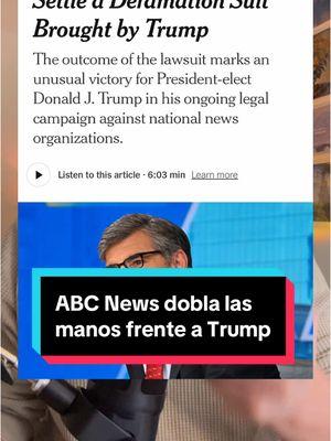 Trump logra que ABC News pague $15 millones y pida disculpas. ¿Qué significa esto para la libertad de prensa? #Trump #LibertadDePrensa #Medios #ABCNews #Democracia #JeanECarroll #DemandaTrump #EstadosUnidos #Intimidación #MediosIndependientes #Autocratización #PrensaLibre #Noticias #PoderMediático #DemocraciaEnRiesgo 