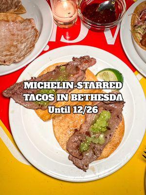 Michelin-starred tacos are now in Bethesda, MD!!! Well only until 12/26 at @Tacombi in partnership with @Califa de León . MICHELIN-STARRED TACOS IN BETHESDA AND ARLINGTON @tacombi @califadeleon // Now until 12/26 at Tacombi in Bethesda and Arlington, you can try two different Michelin-starred tacos by @califadeleon ! You can get the Costilla (steak) and the Chuleta (pork). Each order comes with two, so you’ll get two Costilla tacos when you order the Costilla for example.  The tacos are super simple, with only a lime wedge and two salsas served with it, as the focus is on the slice and flavor of meat. Simple doesn’t mean plain. While I loved both, the pork ones were my absolute favorite!  (Hosted) #tacombi #visitmoco #bethesda #arlington #michelinstar #bethesdamd #michelinstars #califadeleon #elcalifadeleon #tacos #dcfoodies #dmvfoodies 