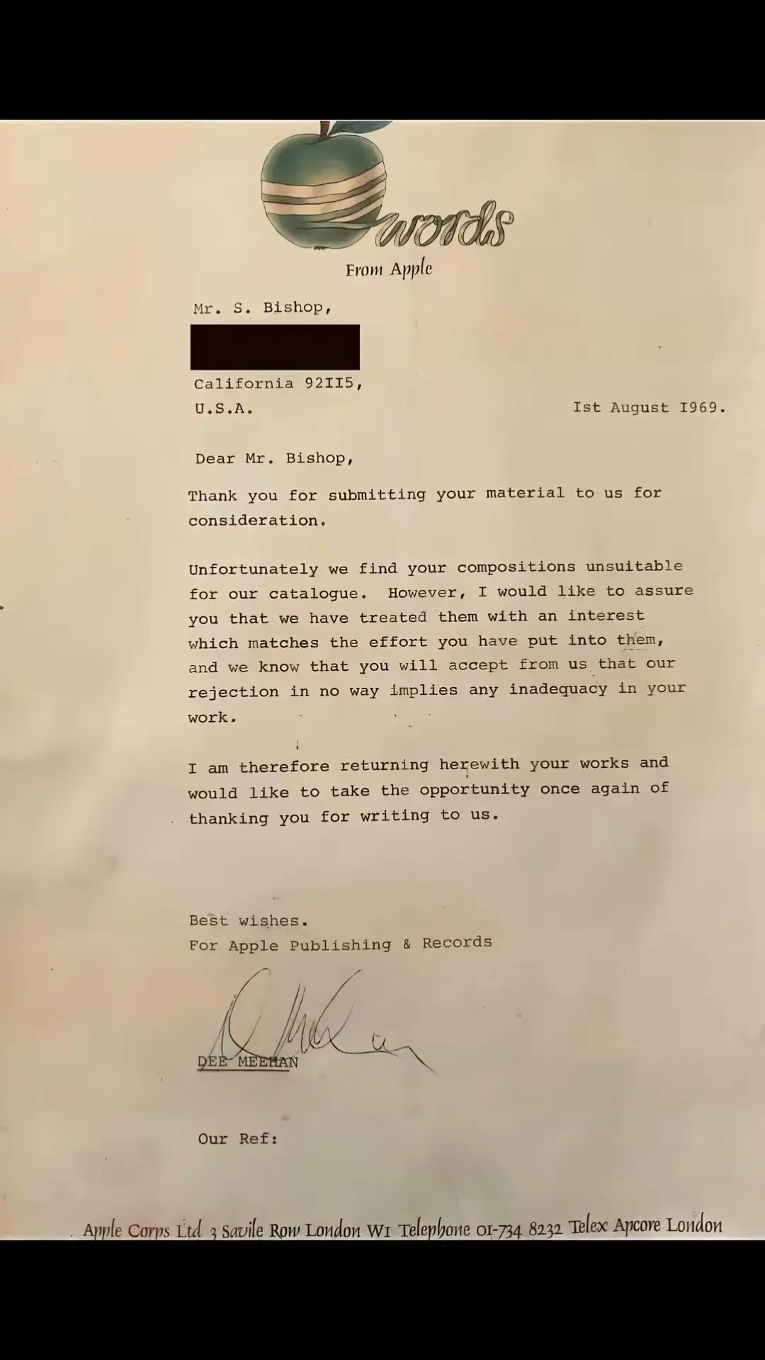 I'm re-sharing this rejection letter I received from Apple Records in 1969. I think rejection is an integral part of being a songwriter. It took six years for me to get my big break. I used to tape my rejection letters to the bedroom wall in my first studio apartment in Hollywood. I could have used all the rejection letters I received as wallpaper to redo the entire space. I almost gave up my dream of being a songwriter in early 1975. Never give up. I'm glad I didn't. You never know what's around the corner. And make sure to save those rejection letters for when you become successful. . . #stephenbishop #fy #viraltiktok #onandon #songs #fyp #fypシ #rejected #applerecords #rejection #musicindustry #nevergiveup #reject #songwriter #songwritersoftiktok #singersongwriter #yachtrock  #1970smusic #1970s #dontgiveup 