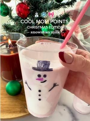 Cool Mom Points: Christmas Edition  Episode 2: Snowman Milk ⛄️  Cutie snowman milk is going to get you some major cool mom points! All you need is a clear plastic cup, marshmallow fluff, a sharpie, and strawberry milk (or chocolate milk would work too!). Use the back of a spoon to create three circles with marshmallow fluff in the cup, then draw on a hat, face, buttons, and arms. Fill with strawberry milk and add in a straw!  TAG a friend in the comments who would love this! ☃️  #coolmompoints #coolmom #christmas #christmastreat #strawberrymilk #snowman #snowmanmilk #HolidayTreats #marshmellow 