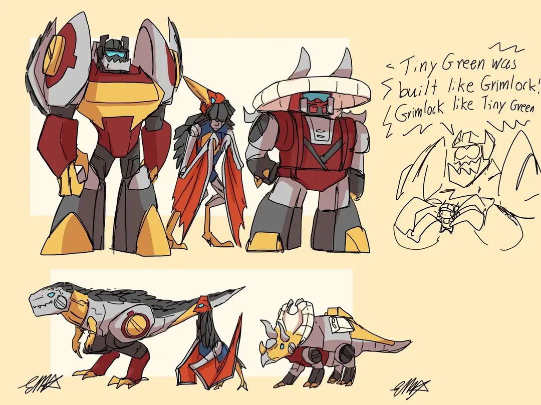 The Dinobots were always just around, hanging out and doing what they wanted as only Optimus and Wheel jack could get them to do something productive.  Sparkplug had met the dinobots before she was able to remember things, as they were excited to meet the new “lab built bot”.  Grimlock took special interest in Sparkplug, he just found her neat, some thought he saw her as being like the Dinobots as they were born on earth like him. However that theory was proven wrong when Grimlock showed disinterest in other earth born transformers that didn’t have animal alt modes.  But still, Grimlock would come in and steal Sparkplug away for various activities, be it breaking into the energon storage room, or sneaking out to see a drive in film. He just enjoyed spending time with the sparkling #foryoupage #foryou #fyp #viralvideo #tf #transformers #transformersau #transformersone #tfone #tfprime #transformersidw #transformersanimated #sparkplug #grimlock #dinobots #bayformers #bayverse 