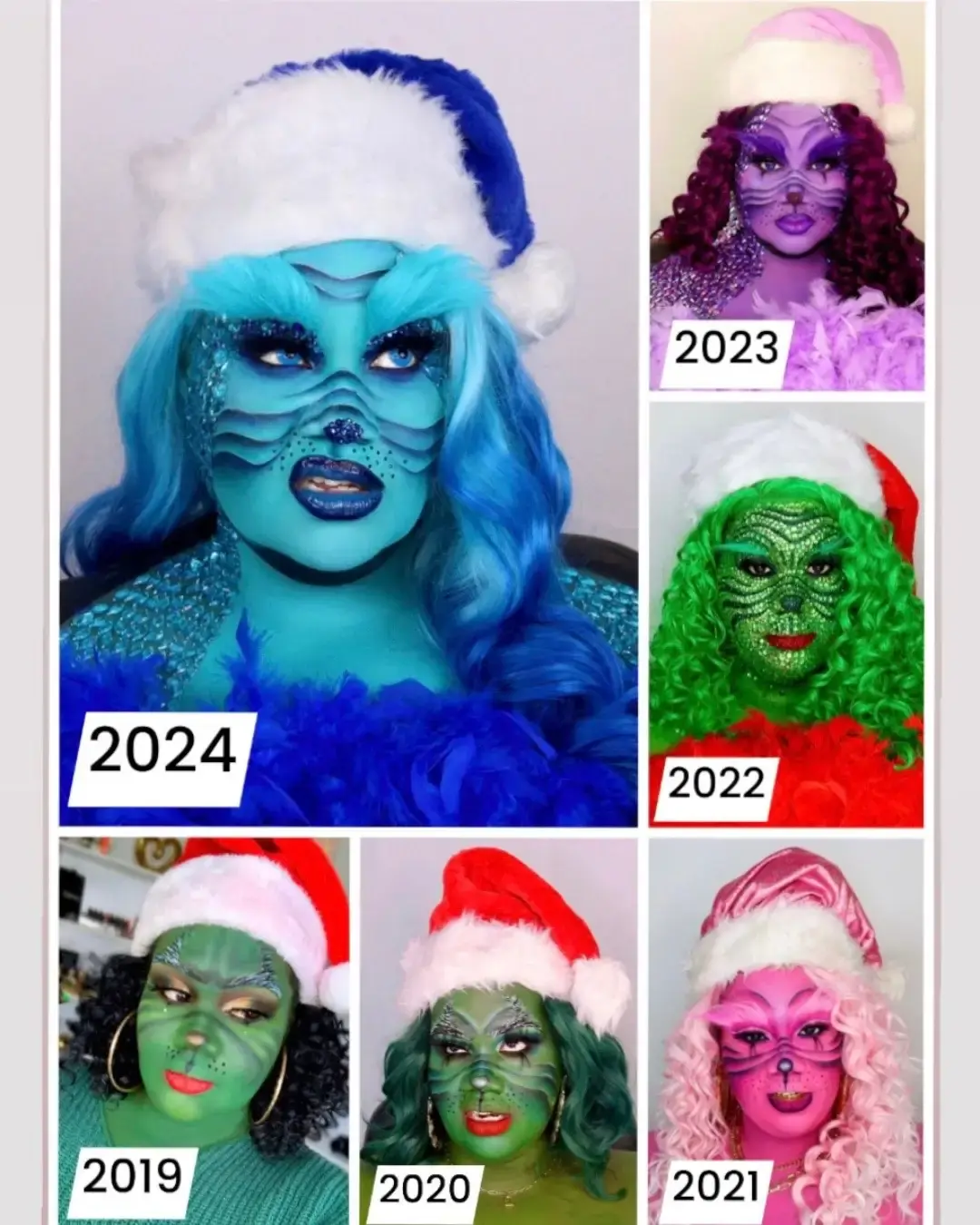 What I really want you to notice is the growth from 2019 to 2020—more details, sharper contour, and extra glam. I don’t know what made me stick to this look every year, but it’s proof that persistence and consistency bring growth. Thank you to my new followers and a big shoutout to my seasoned Glamily members for allowing me to show you all the sides of Danielle Nekole. 💙 #GrinchMakeup #GlowUp #MakeupEvolution #DanielleNekole #HolidayGlam #MakeupJourney #CreativeMakeup #PersistencePaysOff #WeTheCulture