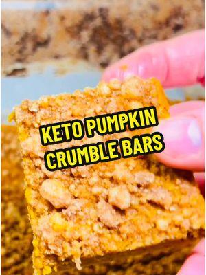 These Pumpkin Crumble Bars are made with an almond flour crust, creamy pumpkin pie filling, and a sweet, spiced crumble topping. Perfect for keto and gluten-free diets! 🍂 Ingredients:   Crust: 2 1/2 Cups Almond Flour 2 TBSP Coconut Flour 1/4 Cup Sweetener 1/3 Cup Melted Butter 1 tsp Cinnamon 1/4 tsp Nutmeg 2 tsp Vanilla Extract 1 teaspoon baking powder   *Set aside one cup of crust for topping    Pumpkin Pie Filling: 15 oz Can Pumpkin Purée 3/4 Cup Heavy Cream 3 tsp Pumpkin Spice  1/4 tsp salt  1 tsp Vanilla extract  2 Eggs 3/4 CupPowdered Brown Sweetener 1/4 cup butter 2 TBSP Coconut Flour   Topping: Use 1 cup from crust mixture    1 TBSP Brown Sweetener 1 TBSP Cold Butter 1/2 tsp Cinnamon 1/8 tsp Nutmeg   Instructions: Pre-heat oven to 350    In a mixing bowl, add in all dry ingredients for the crust and mix until well combined. Add in your wet ingredients until the crust becomes like wet sand type consistency. You should be able to squeeze the crust into your hand and it should hold its shape.  Once you have this mixed together, set one cup of the crust aside for the topping.  You will need a 13 x 9 glass dish lined with parchment paper. I like to leave extra parchment paper hanging off the side of the long side of the dish. This will allow you to pull your crumble out of the pan much easier once it is done.    Add the crust mixture into the pan except the one cup that has been set aside for the topping. Spread the mixture evenly in the pan and press down to form a crust. Place into the oven and bake for 10 minutes. Once done remove and allow to cool 5 to 10 minutes.    While the crust is baking, let's finish up the topping.    Add the remaining ingredients for the topping into the one cup of crust mixture that has been set to the side. Adding in the cold butter will make your mixture thicker. Place into the fridge and this will allow the crumble topping to firm up.    Now let's make the filling.    In a mixing bowl, add in all filling ingredients and mix with a hand mixer. After your crust has been removed from the oven and it has cooled down, pour your filling on top of the crust and even it out. You can gently tap it onto the counter to help even it out. Place back into the oven for 20 minutes. We just want the filling to be firm enough so that the topping does not sink in.    Remove from the oven once done and scatter the topping onto the top of the filling until it covers most of the areas. Gently press onto the crumble just to get it to stick to the filling. You do not need to press down on this much at all. Place back into the oven and cook for an additional 25 minutes.   Remove from the oven and allow to cool. You can slice after it cools but I prefer to place it into the fridge for a couple hours to firm up. This makes it easier to slice and also will give you nice clean cuts.   Tag a pumpkin lover and save this recipe! 🍂💛 #KetoDesserts #PumpkinSpice #LowCarbRecipes #FallVibes #GlutenFreeBaking #easyketorecipe 