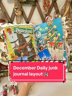 December Daily Junk Journal layout day 15 🏰 I spent today at the happiest place on earth doing some Christmas shopping and having lunch! I grabbed a couple of very inexpensive bits of ephemera from Disneyland for my journal too! #christmasjournal #journalwithme #handmadejournal #disneyland  