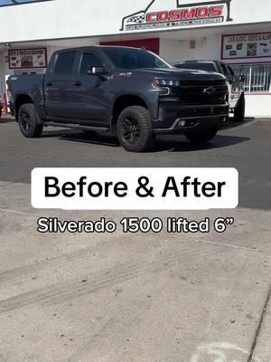 Before and after- 2021 Chevy Silverado 1500 Trailboss lifted 6”  Here is our build sheet  🛠️4” rough country lift kit w/ loaded struts (4” lift is used here because the trail boss comes from factory already lifted 2”) 🛠️fittipaldi 20” wheels black and milled  🛠️35x12.50R20 Nitto recon grappler AT tires  🛠️expert installation  Dm us on IG to get your build started with expert installation, premium products and personable service 🔥 #truckaccessories #liftedtrucks #offroading #silverado #trailboss #liftkits #fuelrims #fyp #foryou #offroad #levelingkit #wheelsandtires 