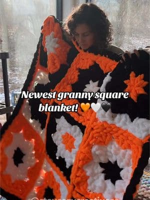 Who needs an orange/black/white hand crocheted cozy blanket?! Available now at StayCozyCo.com 🧡🖤🤍 🧶 Made with Stay Cozy chenille yarn in colors tangerine, black, and white. ✨ Pattern is my own. I don’t have this specific one available, but I do have a few other granny square and flower pattern tutorials available on my website if you’re wanting to make something similar! Stay cozy, Jess #grannysquareblanket #handcrochet #handknitting #chunkycrochet #chunkyknitblanket #chenilleyarn #cozyvibes #grannysquare #staycozycreativeco 