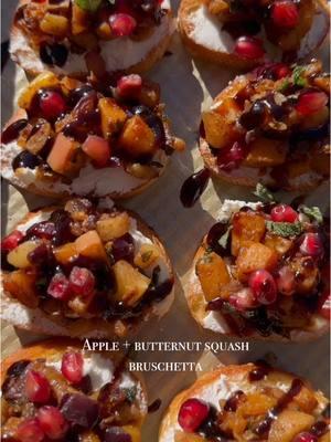 Apple + Butternut Squash Bruschetta  This apple and butternut squash bruschetta is the perfect holiday appetizer. It’s so delicious, super easy to prep, and sure to be a crowd pleaser! Make sure to save this one for later! Apple and Butternut Squash Bruschetta: 1-2 cups chopped butternut squash 1 large apple chopped 1 Tbsp oil of choice ( I used vanilla bean ghee) 1/4 cup diced red onions 1 1/2 tsp Apple pie seasoning 1/4 tsp salt + a pinch for toast Pinch of ground pepper 1-2 Tbsp water 2 Tbsp pomegranate seeds 1-2 Tbsp balsamic glaze 3 Tbsp chopped sage (reserve some for garnish) French baguette (substitute favorite gluten free bread) 4 oz Goat cheese ( substitute spreadable dairy free cheese)  Instructions: 1. Chop your butternut squash and apples into bite size pieces (make sure all pieces are even to allow for even cooking) 2. Add 1 Tbsp ghee or oil to pan on medium heat and warm until melted (about 10 seconds) 3. Add diced red onion, chopped sage, salt + pepper, sauté for 5 minutes 4. Add minced garlic and sauté for a minute 5. Add the butternut squash and sauté 5 minutes on medium heat 6. Then add the chopped apples, apple pie seasoning, mix, and sauté for 5-7 minutes 7. To speed up the process add 1-2 Tbsp of water to steam it all a bit, and mix 8. Slice your bread, brush with some olive oil, flakey salt, and bake 400 F for 5 minutes 9. Spread some goat cheese to each slice of toasted bread 10. Top with the apple and butternut squash bruschetta  11. Sprinkle with some fresh sage and pomegranate  12. Drizzle with balsamic glaze . . #butternutsquash #bruschetta #appetizerideas #holidayappetizers #easyappetizers #crostini #fingerfoods #holidaypartyfood #christmasappetizers